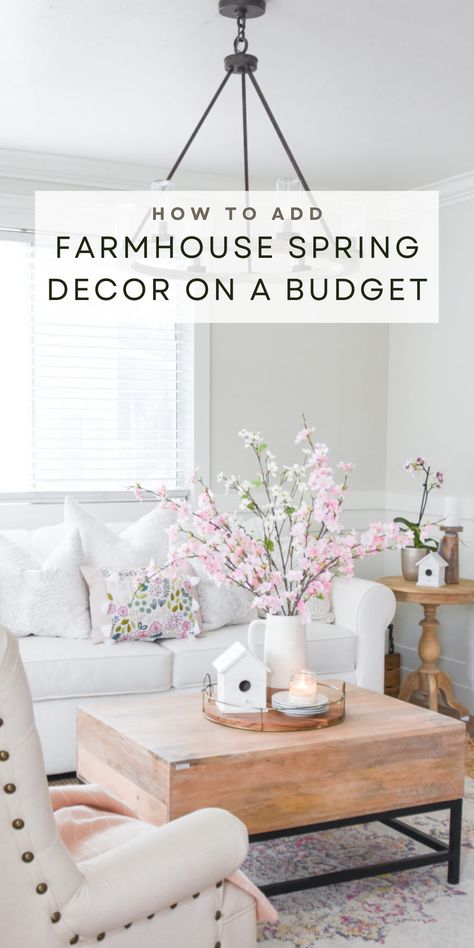 These spring house decorations are simple ways to add touches of spring on a budget. Head over to my blog for more information! Spring House Decorations, Remodeled House, Farmhouse Spring Decor, Spring Decor Ideas, Family Room Inspiration, At Home Decor, Farmhouse Style Furniture, Spring House, Bright Pillows