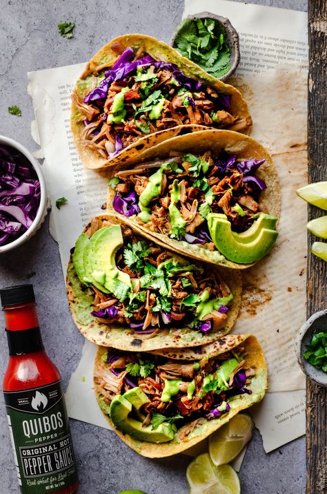 Vegan Jackfruit Tacos - Upbeet Anisha Jackfruit Tacos Vegan, Jackfruit Chicken, Fruit Taco, Cilantro Garlic Sauce, Lentil Recipes Healthy, Corn Tortilla Recipes, Pulled Jackfruit, Vegan Jackfruit, Jackfruit Tacos