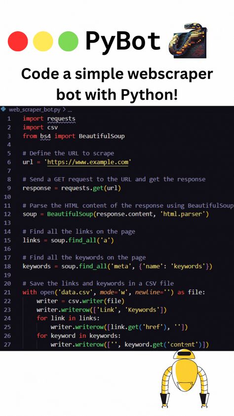 Use BeautifulSoup in Python to scrape websites for links and keywords and save it in a CSV file! Automate your data gathering | PyBot #PyBot #WebScraping #Python #BeautifulSoup #DataResearch Web Scraping With Python, Python Hacking Code, Coding Hacks, Python Ideas, Code Python, Cybersecurity Infographic, Python Projects, Coding Humor, Basic Computer Programming