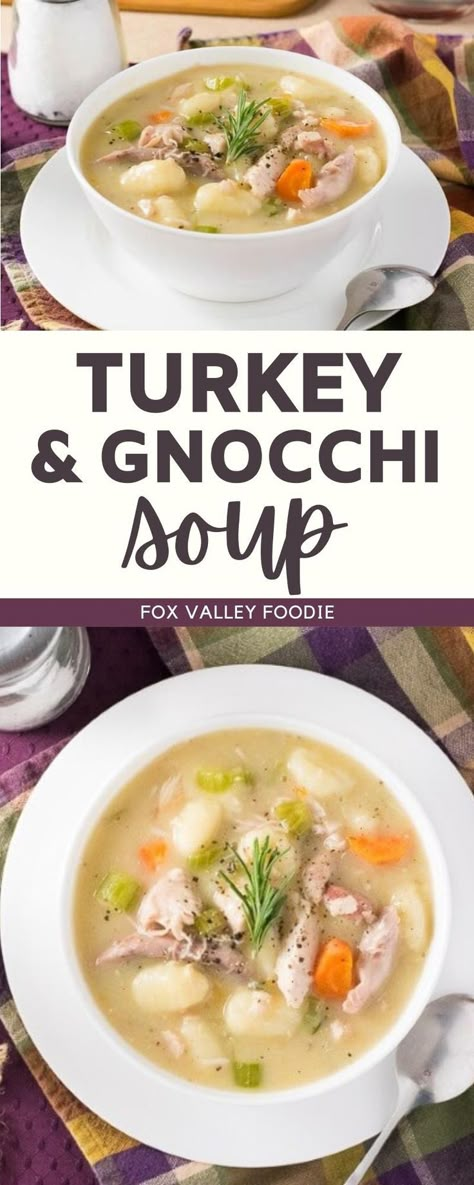 This Creamy Turkey and Gnocchi Soup is infused with the earthy flavors of fresh rosemary and sage, with tender shreds of turkey and pillowy gnocchi lingering in the creamy sauce. Your taste buds will thank you when you add this delicious Turkey and Gnocchi Soup to your cold-weather soup rotation. This ultimate comfort soup is the perfect recipe to use for post-Thanksgiving leftovers too! Turkey Gnocchi Soup, Turkey Gnocchi, Gnocchi Recipes Soup, Best Lunch Recipes, Slow Cooker Breakfast, Soup Beans, Gnocchi Soup, Instant Pot Soup Recipes, Leftover Turkey Recipes