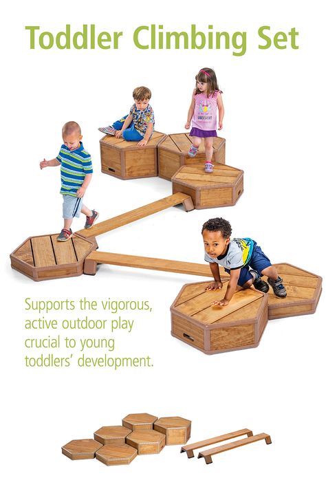 The Toddler Climbing Set supports the vigorous, active play that is crucial to young toddlers development. Sturdy and stable, the modular shape allows for easy reconfiguration by a teacher. Specifically designed for the toddler yard and crafted from weatherproof wood. Tap through for details and buying options. Toddler Outdoor Play, Daycare Playground, Wood Playground, Toddler Play Area, Preschool Playground, Toddler Playground, Kids Play Equipment, Toddler Climbing, Outdoor Play Spaces