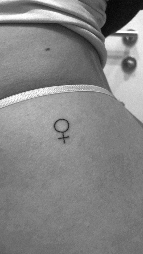 Female Tattoo Symbol, Gender Sign Tattoo, Small In Between Breast Tattoo, Double Venus Tattoo, Woman Symbol Tattoo, Navel Tattoos For Women, Venus Symbol Tattoo, Female Symbol Tattoo, Venus Tattoo