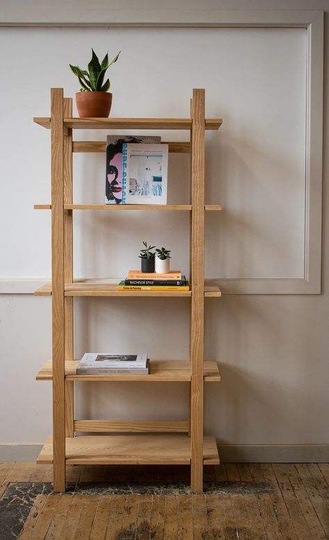 Ash Bookshelf Wood Bookshelf Wall, Scandinavian Bookshelf, Bookshelf Woodworking Plans, Minimalist Bookshelf, Minimalist Bookshelves, Japandi House, Japanese Living Room, Morris Homes, Bookshelves In Bedroom