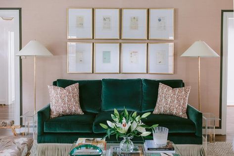 Emerald Green Velvet Sofa on Pink Wall - Contemporary - Living Room Green Velvet Sofas, Green Furniture Living Room, Emerald Green Living Room, Emerald Green Sofa, Velvet Sofa Living Room, Green Sofa Living Room, Velvet Sofas, Bullion Fringe, Blue And White Pillows