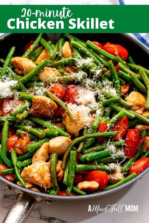 This simple chicken skillet recipe is made just 20 minutes with tender chicken, crisp-tender green beans, fresh tomatoes, and a rich, acidic lemon garlic pan sauce. Chicken Green Bean Skillet, Chicken Green Bean Recipes Healthy, Chicken Tenders And Green Beans, Rotisserie Chicken And Green Beans, Chicken And Green Beans Skillet, Easy Chicken And Green Bean Recipes, Chicken And Green Bean Skillet, Chicken Breast And Green Bean Recipes, Chicken And Green Beans Recipes