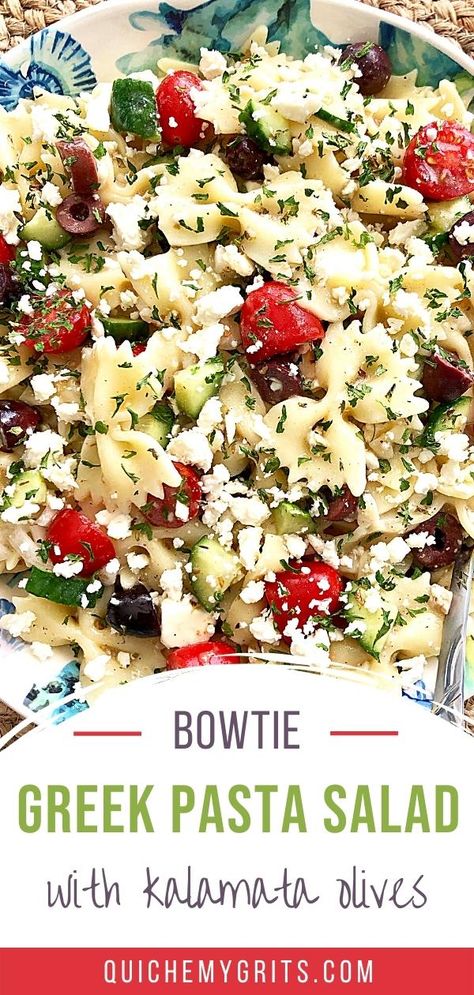 bowtie greek salad on a colorful plate. Greek Bow Tie Pasta Salad, Bow Tie Feta Pasta Salad, Greek Bowtie Pasta Salad, Shrimp And Feta Pasta Salad, Pasta Salad With Feta Cheese And Olives, Greek Feta Pasta Salad, Greek Pasta Salad With Shrimp, Greek Pasta Salad Recipes Cold, Bowtie Pasta Recipes Salad