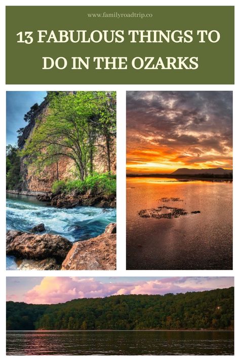 Discover the ultimate guide to exploring the enchanting Ozarks region in the US! From captivating mountains and stunning waterfalls to serene lakes and distinctive geological wonders, Missouri, Arkansas, and Oklahoma offer many unique experiences. Uncover 13 must-do activities and top destinations to add to your summer travel plans in the mesmerizing Ozarks area. Grab all our suggested ideas at familyroadtrip.co Ozark Mountains Missouri, Ozark Mountains Arkansas, Ozarks Arkansas, Us Family Vacations, Lake Of The Ozarks Missouri, Missouri Travel, Ozarks Missouri, Osage Beach, Vacations In The Us