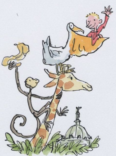 Jirafa, mono, pelícano y niño Roald Dahl Characters, Quentin Blake Illustrations, Roald Dahl Books, Quentin Blake, Blog Art, The Giraffe, A Giraffe, Gcse Art, Project Inspiration