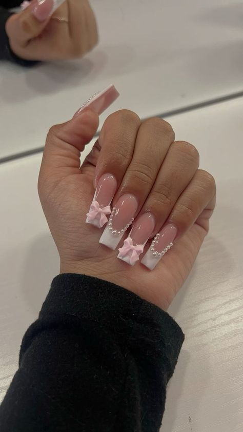 Cute Pink Acrylics, Bow Nail Ideas, Maintenance Week, Pink Frenchies, Truth Questions, Pink French Nails, Coffin Nails Matte, Acrylic Toe Nails, Hello Nails