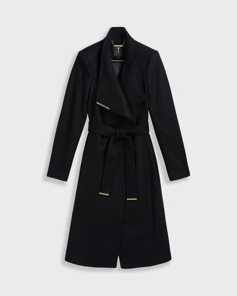 Black Wrap Coat, Ted Baker Outfit, Ted Baker Coat, High Neck Collar, Wool Wrap Coat, Black Jackets, Wool Wrap, Wrap Coat, Coat Black