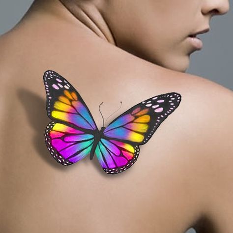 3 D Tattoos For Women, Rainbow Butterfly Tattoo, Butterfly Ankle Tattoos, Realistic Butterfly Tattoo, Purple Butterfly Tattoo, Tatoo 3d, Colorful Butterfly Tattoo, 3d Butterfly Tattoo, Butterfly Hand Tattoo