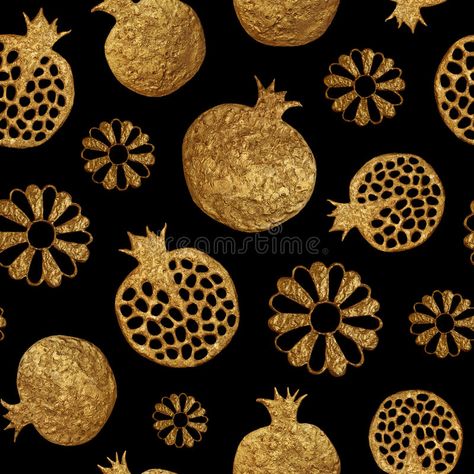 Gold abstract pomegranate and flowers pattern. Hand painted seamless background. Gold abstract pomegranate and flowers seamless pattern. Hand painting shiny royalty free stock photos Pomegranate And Flowers, Abstract Pomegranate, Flower Quotes Love, Cushion Ideas, Pomegranate Art, Background Summer, Painting Background, Calendar Christmas, Flower Drawing Design