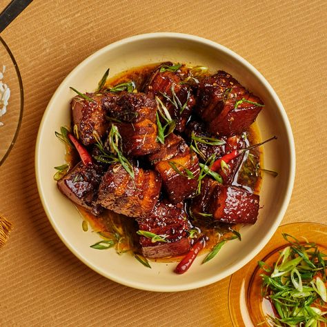 Sake-and-Soy-Braised Pork Belly Recipe | Bon Appétit Braising Recipes, Braised Pork Chops, Epicurious Recipes, Ginger Pork, Braised Pork Belly, Pork Belly Recipes, Pork Glaze, Cooking White Rice, Braised Pork