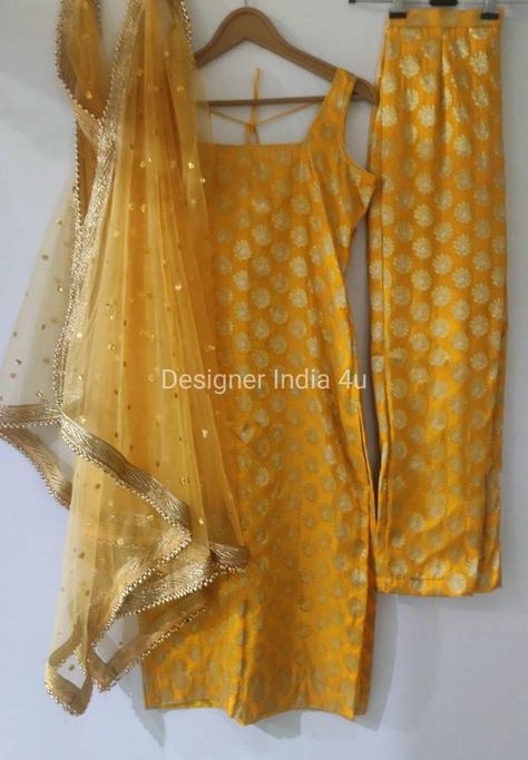 This is a made to order Straight Silk Suit with Pant. Fabric: Pure Banarsi Brocade Silk Kameez Bottom: Is straight pant made in Pure Banarsi Brocade Silk. Dupatta: Beautiful sequence work Net with Lace Borders. I craft it exclusively for my customers by using designer fine quality fabrics. I Yellow Banarsi Suit, Maiyan Outfit Salwar Suits, Yellow Silk Suit Designs, Net Suits Design Indian Straight, Banarsi Salwar Suit Design, Yellow Punjabi Suit For Haldi, Straight Suits With Pants Indian, Yellow Suits Women Indian, Banarsi Dupatta Suits Style