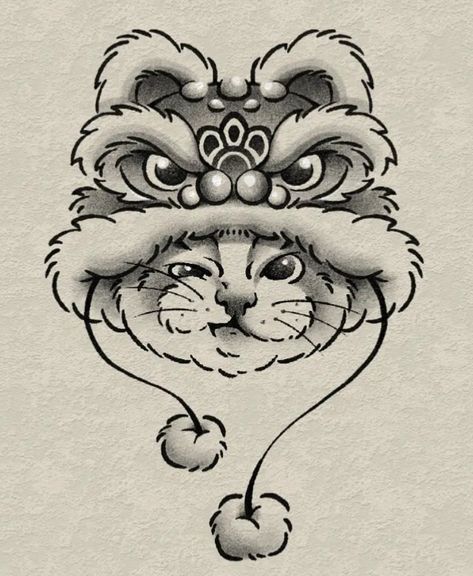 Chinese Lucky Cat Drawing, Chinese Cat Drawing, Chinese Cat Tattoo, Chinese Lion Tattoo, Neo Traditional Japanese Tattoo, Cat Face Tattoo, Cat Face Tattoos, Lucky Cat Tattoo, Chinese Cat