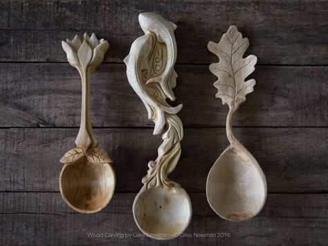 Silver Birch Art Nouveau styled Lily spoon, Koi Carp spoon and Oak leaf spoon from last year. How time flies when you're whittlin' Giles Newman, Wooden Spoon Carving, Wood Spoon Carving, Love Spoons, Spoon Art, Carved Spoons, Wood Carver, Wood Carving Patterns, Wood Spoon