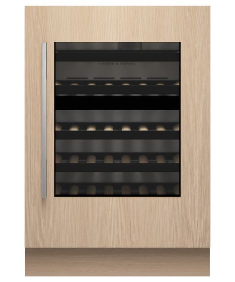 Integrated Wine Cabinet, 24", 35 bottles | Fisher & Paykel USA Undercounter Wine Cooler, Kitchen Appliances Design, Kitchen Appliances Luxury, Door Alarms, Fisher Paykel, Beverage Center, Oak Shelves, Wine Display, Best Appliances