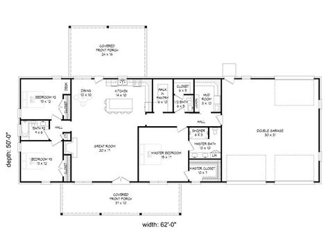 062H-0461: Country Ranch House Plan with Split-Bedrooms and Open Floor Plan; 3 Bedrooms, 2.5 Baths, Walk in Pantry, 2-Car Garage with 1 Drive-Thru Bay Split Bedroom Ranch Floor Plans, Country Ranch House, Simple Floor Plans, 3 Bedroom Floor Plan, Bedroom Addition, Country Ranch, Floor Plans Ranch, Porch Plans, Build House