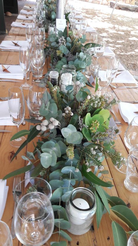 Fynbos is perfect for a rustic themed wedding reception. We created these beautiful table runners for Nikki’s wedding. This is a great example of how simple flower decor can have a big impact and bring a theme to life. Themed Wedding Reception, Protea Wedding, Bush Wedding, Wedding Collage, White Bridal Shower, Tafel Decor, Rustic Wedding Table, Wedding Floral Centerpieces, Sage Green Wedding