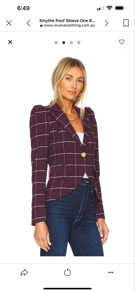 Revolve Smythe Blazer, Designer Outerwear, Tailoring Details, One Button Blazer, Purple Plaid, Long Puff Sleeves, Tailored Jacket, Blazer Buttons, Fashion Help