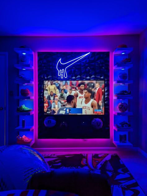 Sneakerhead Wall with TV, neon Nike swoosh and floating shelf for XBOX. Sneakerhead Bedroom, Dope Rooms, Gaming Bedroom Ideas, Gaming Bedroom, Sneakerhead Room, Gamer Bedroom, Basketball Room, Hypebeast Room, Remodel Basement