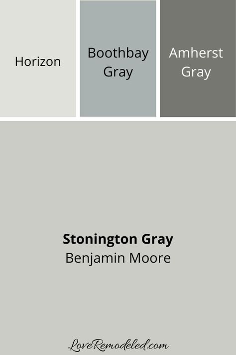 Stonington Gray Coordinating Colors - Colors that go with Stonington Gray Nimbus Gray Benjamin Moore Exterior, Stonington Gray Benjamin Moore Cabinets, Benjamin Moore Stonington Gray Exterior, Stonington Gray Coordinating Colors, Colors That Go With Stonington Gray, Benjamin Moore Coordinating Paint Colors, Best Wall Color For Grey Cabinets, Colors That Go With Boothbay Gray, Stonington Gray Bathroom