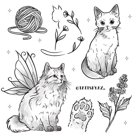 Cat Tattoo Flash Sheet, Siberian Cat Tattoo, Ragdoll Cat Tattoo, Fluffy Cat Tattoo, Sleeping Cat Tattoo, Tabby Cat Tattoo, Cat Flash Tattoo, Kitten Tattoo, Clock Drawings