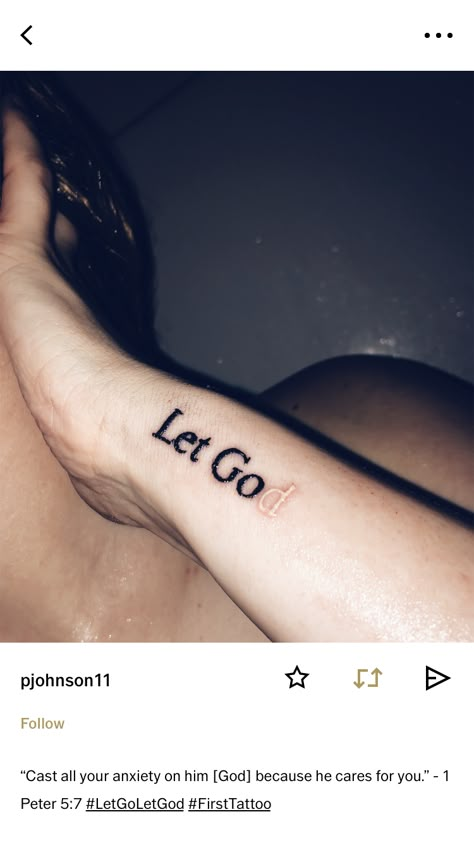 Christian Mini Tattoos, God Is Good All The Time Tattoo, But God Tattoos For Women, Mini Tattoos Christian, Daughter Of God Tattoo, Mark 10:9 Tattoo, 1 Peter 5:7 Tattoo, Tattoo Ideas Female God, Let Go And Let God Tattoo