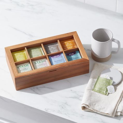 Acacia Tea Box | The Container Store Essentials Wishlist, Small Drawer Organizer, Tea Box Design, Deep Drawer Organization, Tea Organizer, Junk Drawer Organizing, Kitchen Drawer Organizers, Spice Organization Drawer, Utensil Drawer Organization