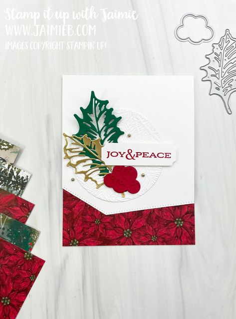 Stampin Up Leaves Of Holly, Stampin Up Leaves, Basic Borders Dies, Leaves Of Holly, Folded Christmas Cards, Homemade Holiday Cards, Traditional Christmas Cards, Poinsettia Cards, Christmas Leaves