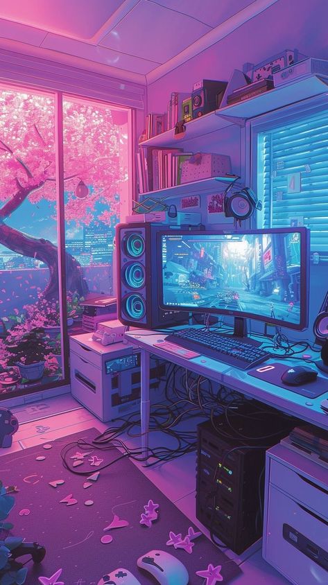 Vaporwave Gaming Setup, Gaming Room Wallpaper, Cyberpunk Home, Synthwave Room, Vaporwave Room, Vaporwave Wallpaper, Dreamy Artwork, Purple Themes, Vaporwave Aesthetic