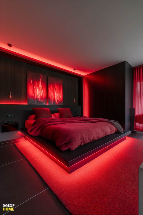 Futuristic Vibes In Red &Amp; Black Bedroom With Led Lighting Street Home Decor, Black Modern Bedroom, Small Bedroom Ideas For Men, Explore Decor, Gaming Bedroom Ideas, Gaming Bedroom, Modern Bedroom Ideas, Boys Bedroom Makeover, Home Cinema Room