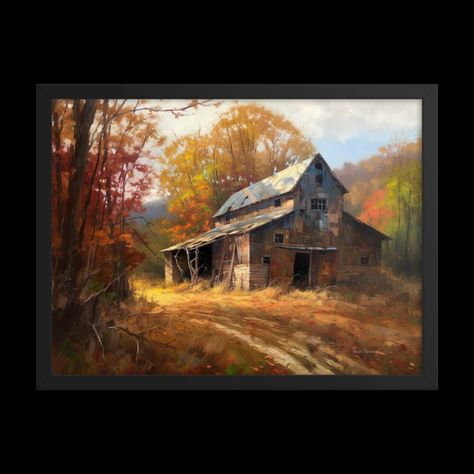 Bring the warmth and beauty of autumn into your home with this stunning oil painting print. The painting depicts a rustic barn surrounded by vibrant foliage, capturing the essence of the fall season. The intricate details and realistic style of the painting create a truly immersive experience. Perfect for any lover of nature and rustic charm, this painting print will add warmth and character to any room. Enjoy the beauty of autumn year-round! ENJOY YOUR CHOICE OF A FRAMED, THICK PAPER, OR CANVAS PRINT! Make a statement in any room with our top quality painting prints. Our frames are made of exotic wood from renewable forests to add an extra touch of class for any home! * (If framed) Ayous wood .75″ (1.9 cm) thick frame * Paper thickness: 10.3 mil (0.26 mm) * Paper weight: 189 g/m² * Lightw Old Barn Paintings, Farm Scene Painting, Realistic Oil Painting, Barn Pictures, Barn Painting, Farm Art, Farm Scene, Painting Art Lesson, Realistic Paintings