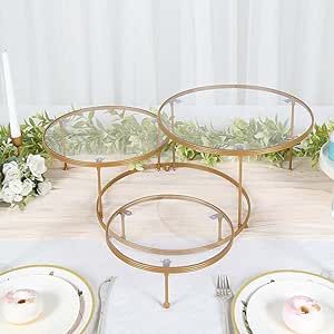 TABLECLOTHSFACTORY 23" 3-Tier Gold Metal Cupcake Stand with Clear Round Acrylic Plates, Dessert Cake Display Holder Metal Cupcake Stand, Round Table Sizes, Tiered Cake Stands, Dessert Display Stand, Metal Cake Stand, Gold Dessert, Peg Leg, Cookie Table, Metallic Gold Color