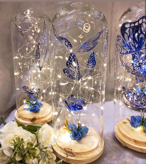 Butterfly Quince Centerpieces, Blue Butterfly Birthday Theme, Blue Butterfly Sweet 16, Butterfly Themed Sweet 16, Blue Butterfly Quinceanera Theme, Butterfly Quince Theme, Debut Giveaways, Ideas Para 15, Butterfly Baby Shower Centerpieces