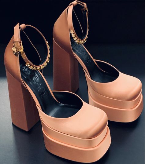 Peach Heels, Satin Shoes, Girly Shoes, Peach Color, Platform Pumps, Platform Heels, Versace, Fashion Shoes, High Heels