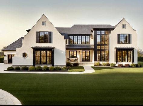 Modern French House Exterior, French Transitional Home Exterior, 2 Story European House Exterior, Tudor Mansion Exterior, Modern French Country House Plans, Modern Tudor House Exterior, Modern French Country Exterior, Modern Tudor House Exterior Stone, Transitional Tudor