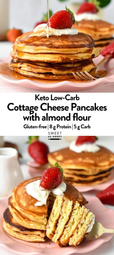 These Almond Flour Cottage Cheese Pancakes are light, fluffy high-protein pancakes with 5 grams of net carbs and 8 grams of proteins per serving. Keto Cottage Cheese Pancakes, Cottage Cheese Pancakes Low Carb, R3 Recipes, Golo Meals, Keto Cottage Cheese, Fwtfl Recipes, Cottage Cheese Protein Pancakes, Vanilla Protein Shake, Protein Shake Ingredients