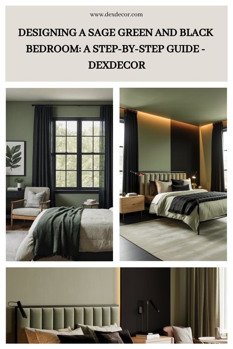 Design inspirations for a sage green and black themed bedroom, showcasing different styles and furniture arrangements. Sage Green Black Bedroom, Sage Green Bedroom With Black Furniture, Black And Sage Bedroom Ideas, Black Sage Green Bedroom, Sage Green And Black Bedding, Sage Green Bedding Black Wall, Black And Olive Green Bedroom, Green And Black Room Aesthetic, Sage And Black Bedroom