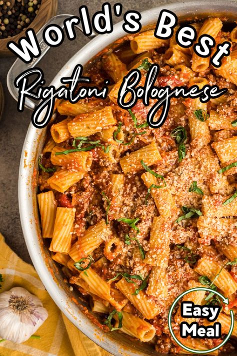 Rigatoni bolognese is a classic Italian dish that consists of rigatoni pasta, a rich tomato sauce made from beef, onions and garlic, carrots, celery, parsley, olive oil, and red wine, and topped with Parmesan cheese. The rigatoni is cooked in the sauce until everything is nicely blended together. It has all the flavors of Italy in one dish – savory meat and tomatoes with fresh herbs and sharp Parmesan cheese. Rigatoni Bolognese Recipe, Carla Bushey, Rigatoni Bolognese, Rigatoni Noodles, Italian Meat Sauce, Catering Recipes, Garlic Carrots, Red Pasta, Rigatoni Recipes