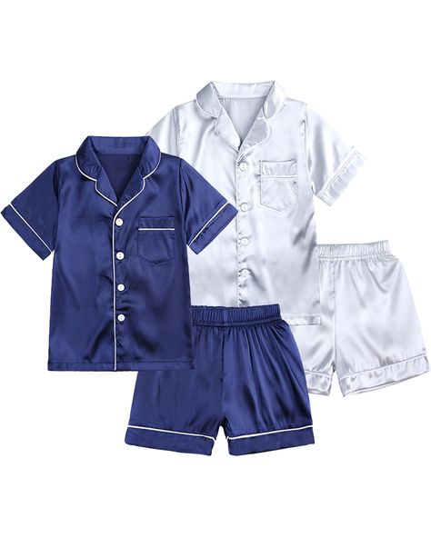 PRICES MAY VARY. Material: Made from high-quality silk satin, these pajamas are gentle on delicate skin, promising a soft and comfortable sleep and lounge experience—perfect for sensitive skin Feature: Boys girls silk pajamas set, soft and silky short sleeve tops with single-breasted closure, one front pocket, turn-down collar, matching elastic waistband shorts Design: Our pajama set is designed for both boys and girls, featuring a classic and versatile style suitable for all toddlers, provide b Friday Costume, Shorts Design, Satin Nightwear, Boys Sleepwear, Kids Nightwear, Satin Pajama, Xmas List, Silk Pajama Set, Satin Pyjama Set