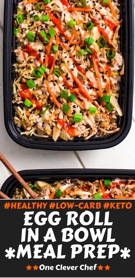 This low-carb egg roll in a bowl meal prep recipe is super tasty, thanks to my secret creamy sesame sauce. It is healthy, low-carb, keto and it can be made with either ground beef, ground turkey or ground pork. It could also be made vegan by replacing the ground meat with cubed firm tofu. This very easy and quick recipe will give you 4 lunches for about 25 minutes of preparation. Make a Whole30 & Paleo version by using the right type of mayonnaise. | onecleverchef.com #mealprep #lowcarb Ground Pork Meal Prep, Ground Turkey Recipes Healthy Meal Prep Low Carb, Pork Meal Prep, Meat Bowl, Bowl Meal Prep, Beach Bod, Egg Roll In A Bowl, Beef Ground, Pesto Pasta Recipes