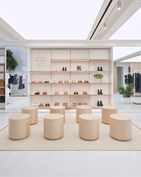 Grey Terrazzo Floor, Shoe Store Design, Pale Wood, Retail Store Interior, Light Panels, 2020 Vision, Retail Store Design, Retail Interior, Store Design Interior