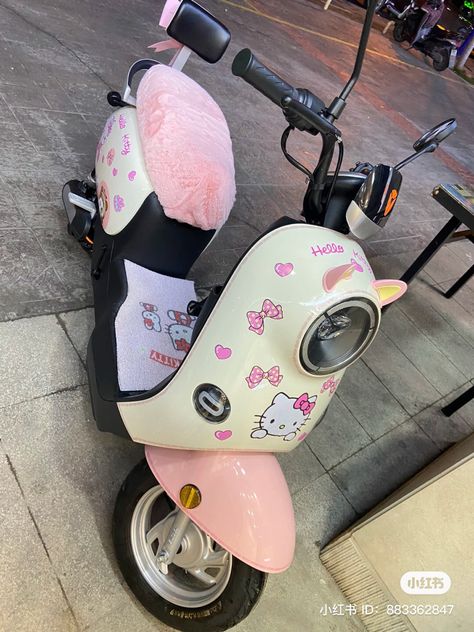 Pink Moped, Hello Kitty Bike, Car Accessories Pink, Cute Vehicles, Adventure Time Flame Princess, Pink Motorcycle, Sanrio Aesthetic, Kitty Wallpaper Aesthetic, Cute Luggage