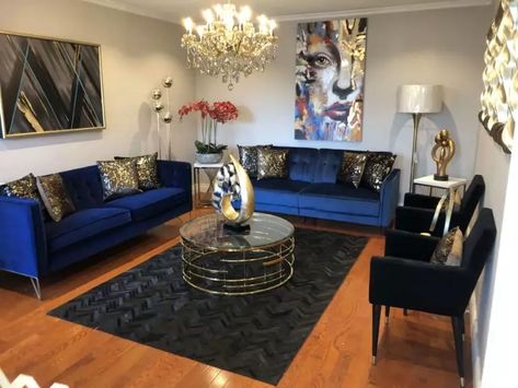 What color goes with black and gold: an ultimate guide with perfect color matchings - Hackrea Blue And Gold Living Room, Black And Gold Living Room, Blue Sofa Living, Brown And Blue Living Room, Blue Sofas Living Room, Gold Living Room Decor, Brown Living Room Decor, White Living Room Decor, Gold Living