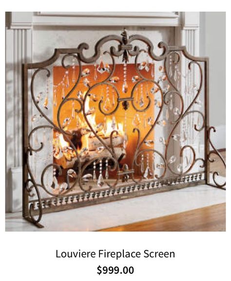 Love this iron and crystal fireplace screen! Fire Screen, Wrought Iron Decor, Farmhouse Fireplace, Acanthus Leaves, Fireplace Screen, Fireplace Hearth, Mirror Reflection, Crystal Chandeliers, Fireplace Screens