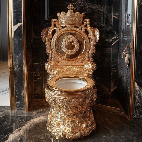 Transform your bathroom into a palace with the Luxury Throne Gold Toilet. This exquisite piece is designed to be the ultimate statement of opulence, featuring a regal gold finish that radiates wealth and sophistication. Every detail of this toilet, from its majestic contours to its gleaming surfaces, is crafted to evoke the grandeur of a royal throne. Conceptual AI Art Follow @ecosapiens for more! Lynnwood Hall, Toilet Closet, Gold Toilet, Luxury Toilet, Royal Throne, Restroom Design, Fancy Accessories, Bedroom Trends, Bathroom Furnishings