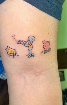 Spongebob Trio Tattoo, Funny Trio Tattoos, Matching Cartoon Tattoos, Sponge Bob Tattoo, Trio Tats, Squidward Tattoo, Funny Tattoo Designs, Matching Trio Tattoos, Trio Matching Tattoos