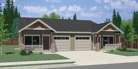 Ranch Duplex House Plans With Garage, Tiny Home Duplex Plans, Two Bedroom Duplex Floor Plans, Duplex With Garage In Middle, Duplex House Plans 2 Bedroom, Cottage Duplex Plans, One Story Duplex House Plans, Two Bedroom Duplex House Plans, 2 Bedroom Duplex House Plans