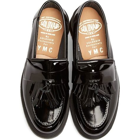 Ymc Black Patent Leather Penny Loafers ($300) ❤ liked on Polyvore featuring shoes, loafers, flats, black, black flats, black tassel shoes, patent shoes, patent leather flats and flat pump shoes